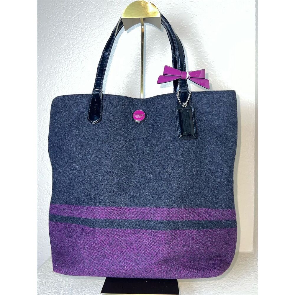 Coach Signature Wool Striped  North South Charcoal Berry/Gray Tote